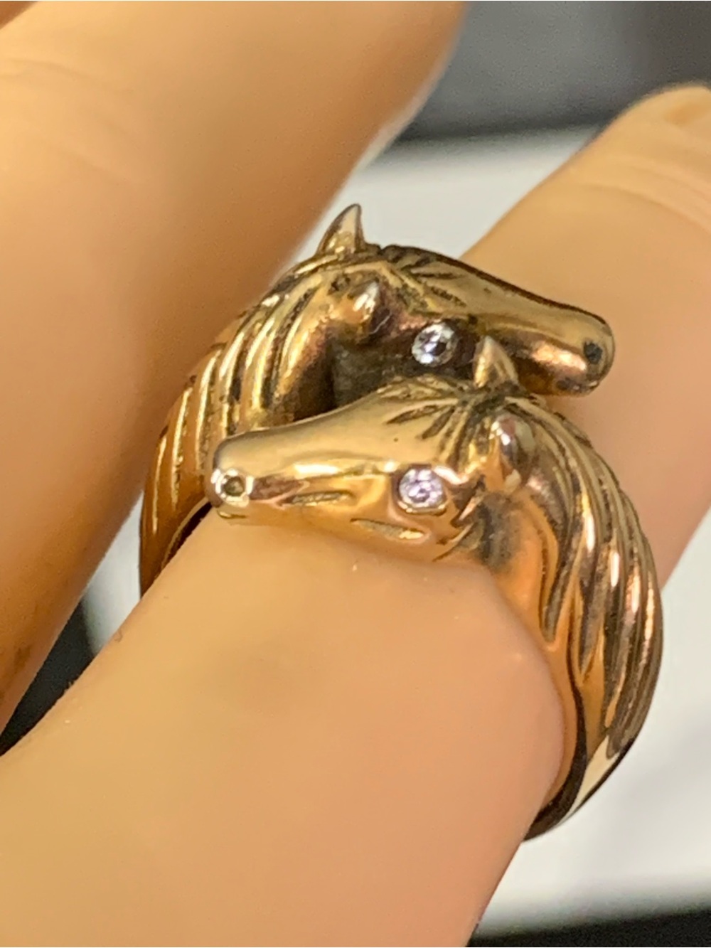 Vintage Gold Plated Double Horse Head Bypass Ring   Size 71/2